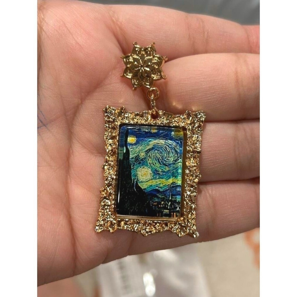 New Van Gogh Painting Framed Earrings Gold Starry Night Artwork Dangle Star - Picture 3 of 5